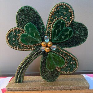St. Patrick's Day Green Gold Shamrock Beaded Figurine Tabletop Decor NWT 9"